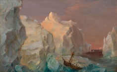 Frederic Edwin Church, Icebergs and Wreck in Sunset, 1860, oil on paperboard mounted on canvas, 8 1/4 x 12 1/4 inches (21 x 31.1 cm)&nbsp;